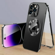 Double-Sided Magnetic Case for iPhone 16 Pro Max,Luxury Metal Bumper Case Built-in Tempered Glass Screen Protector Cover Full Body Protective Shell for iPhone 16 Pro Max,Black
